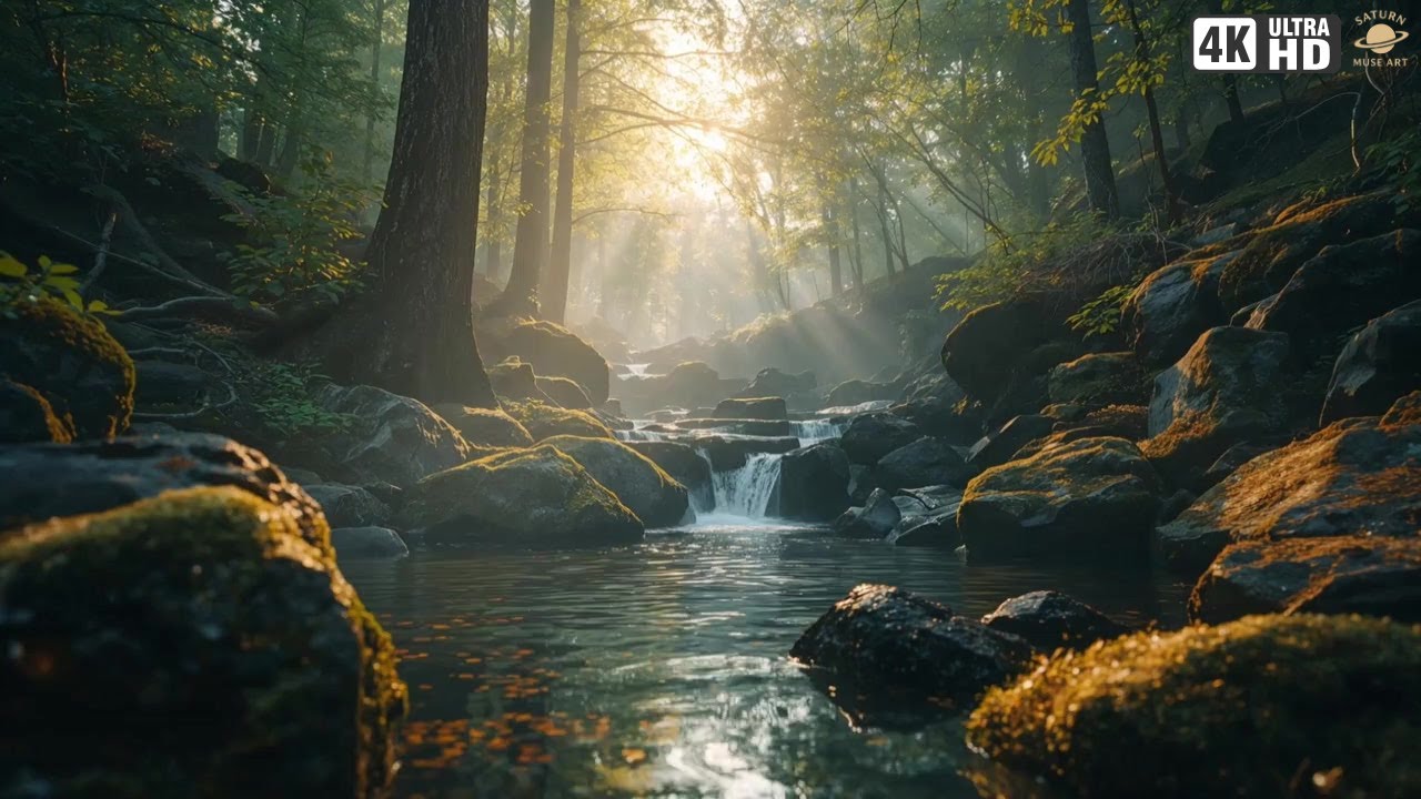 2-Hour Forest Waterfall & Gentle Piano 🌅 | Morning Calm Sun Rays Relax