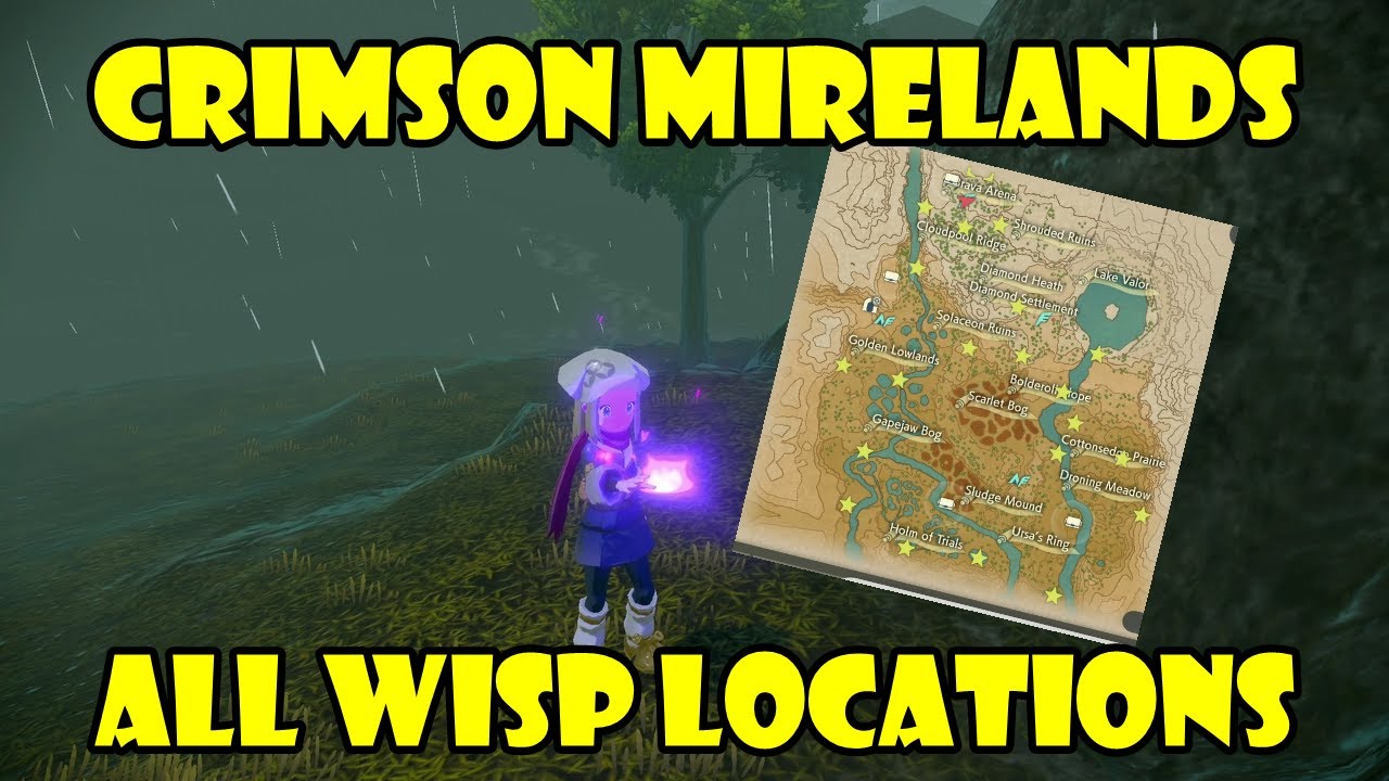All Wisp locations in Crimson Mirelands. Map with markings. Pokemon legends Arceus