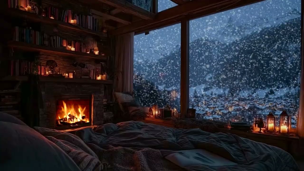 Cozy Snowy Cabin Night 🌙 Crackling Fire, Gentle Snow Ambience to Calm the Mind and Sleep Deeply