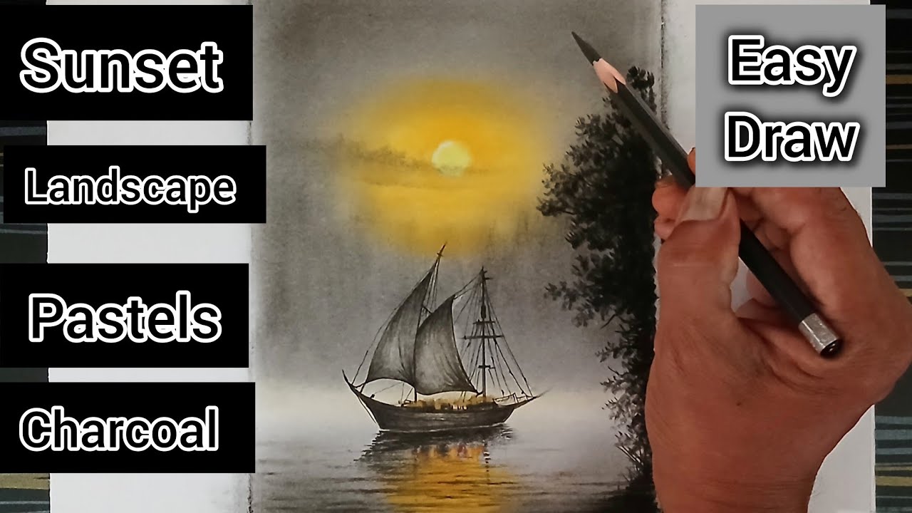 How to draw sunset mode water lake with boat using pastel color and pencil?