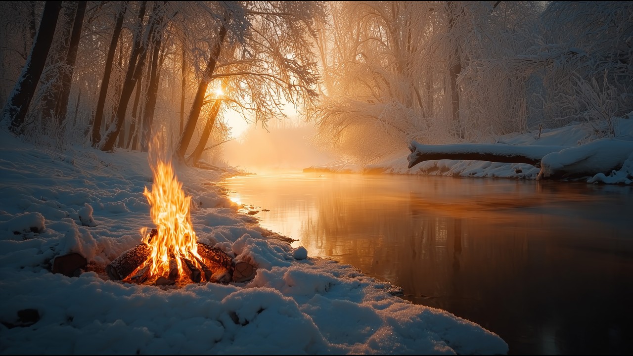 Sunrise Through Frosted Branches 🌅 Firelight Breathing Warmth into Winter
