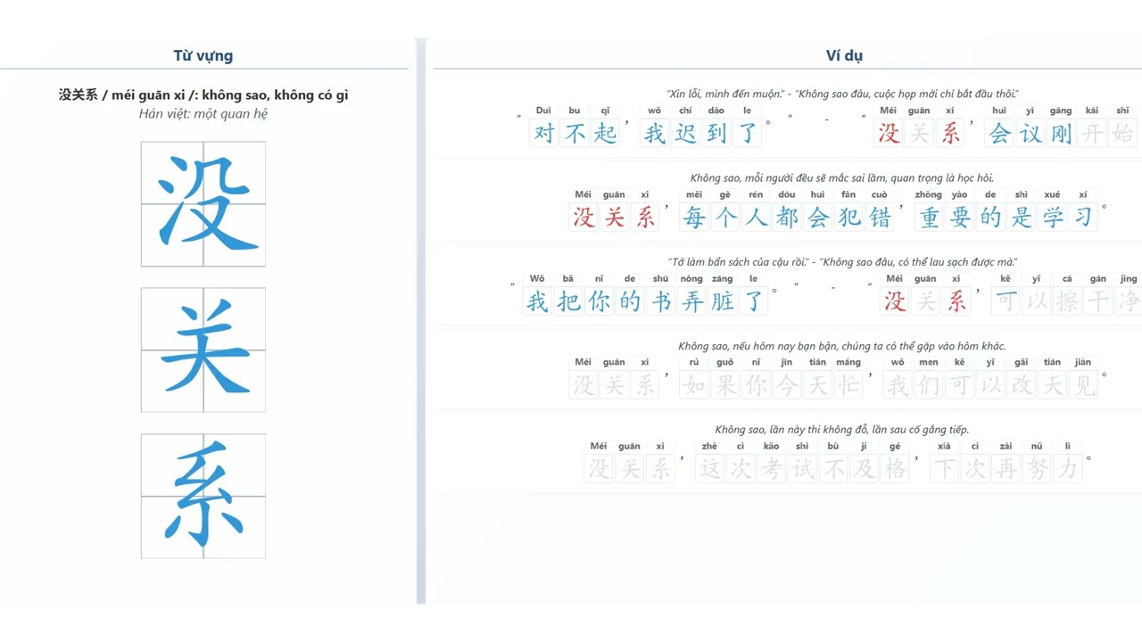 Cách viết chữ 没关系 kèm ví dụ