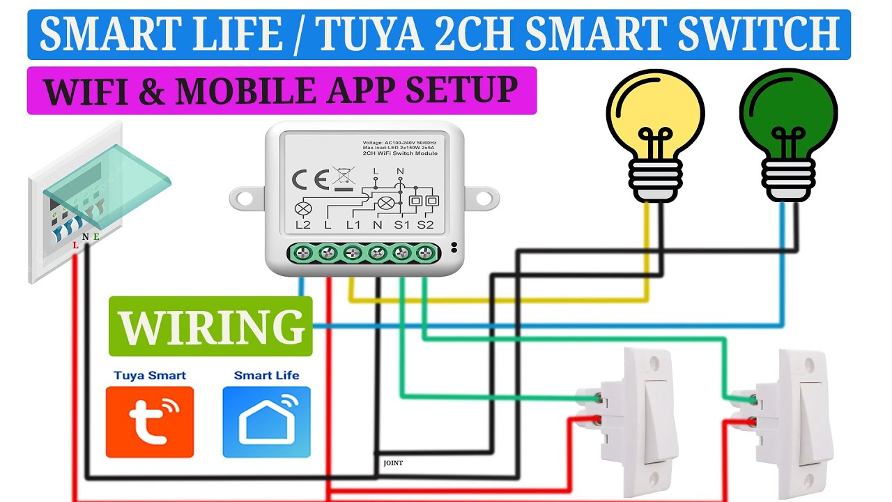 Smart life & Tuya 2 channel smart switch wiring with retrofit switch Wifi & Mobile App setup