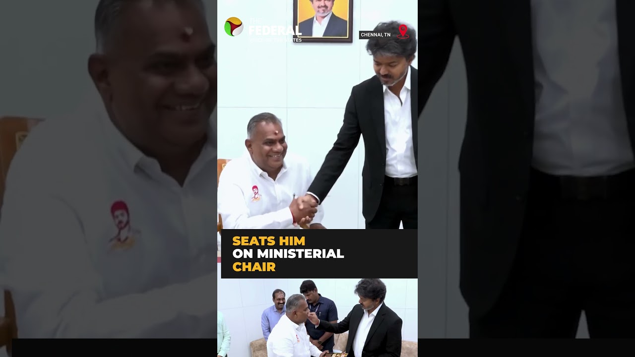 Vijay wishes 'Bussy' N Anand, seats him on ministerial chair, offers sweets | #shorts