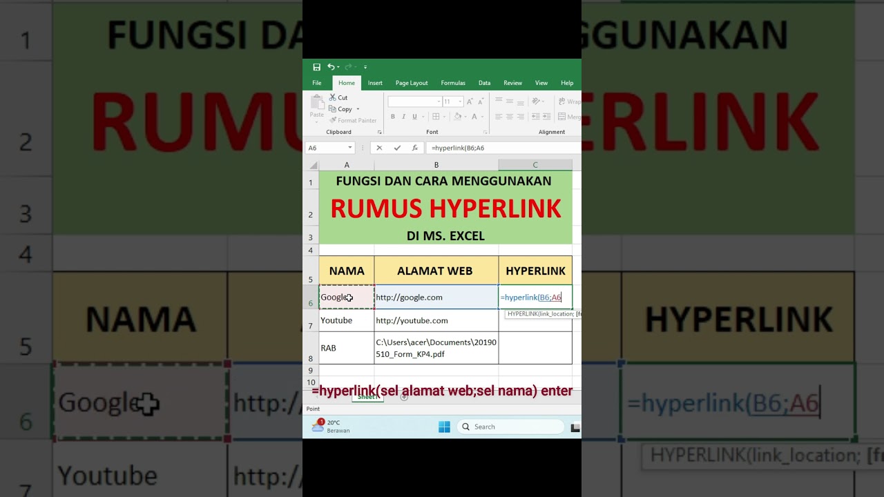 Cara cepat menggunakan Rumus / Formula HYPERLINK di Excel #belajarexcel #exceltips #excelindonesia