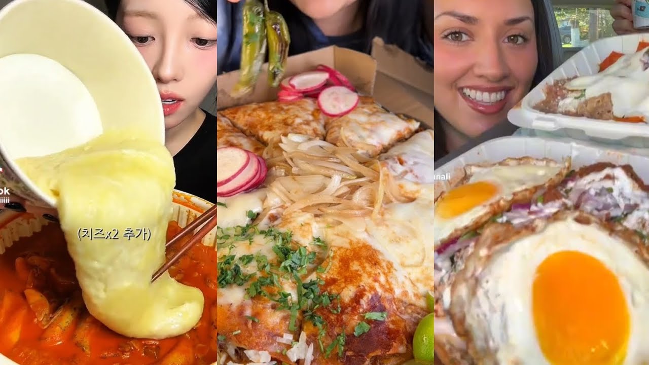 TIKTOK MUKBANG COMPILATION CHEESY ROSE TTEOKBOKKI FRIED CHICKEN BIRRIA PIZZA CHILIS CHIPOTLE BURRITO