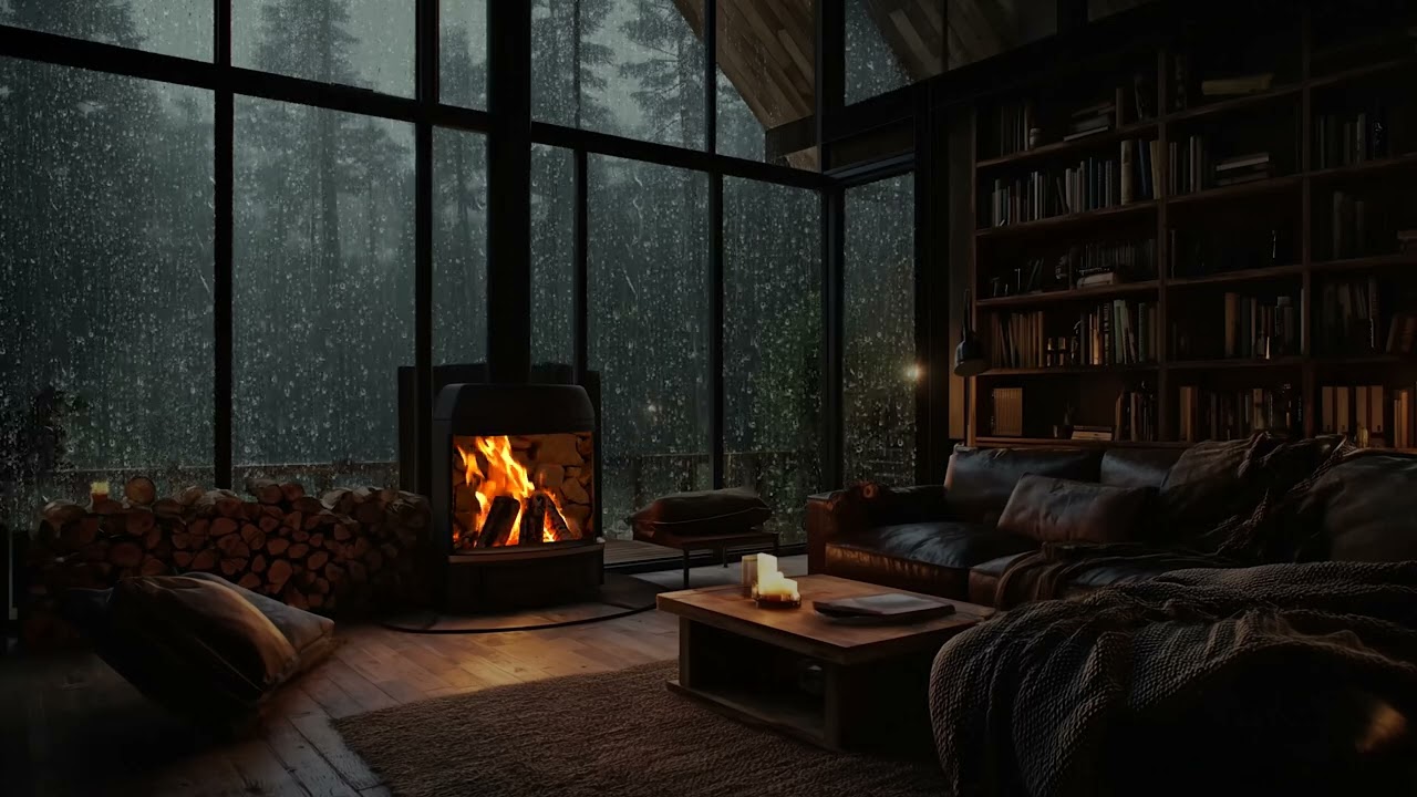 Cozy Rainy Window and Crackling Fire Sounds for Deep Sleep and Calm Meditation