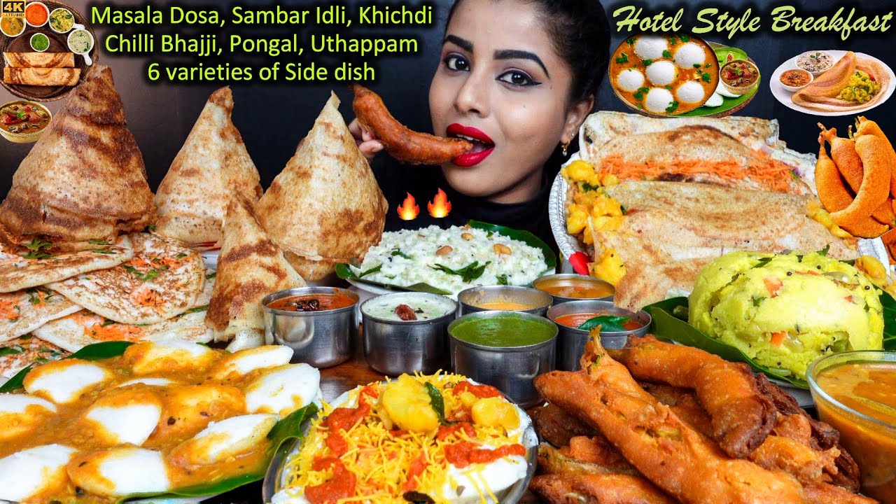 Eating Chilli Baji,Ghee Dosa,Masala Dosa,Sambar,Idli Vada South Indian Street Food ASMR Eating Video