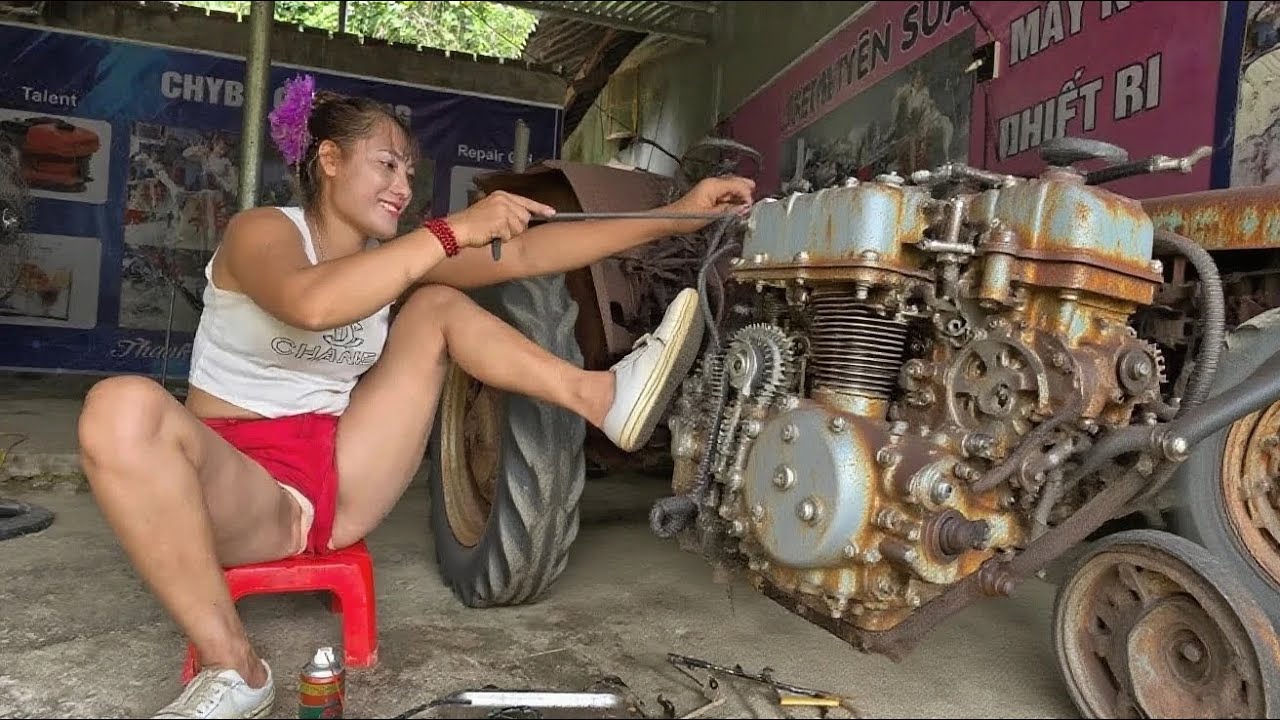 Talented 18-Year-Old Genius Girl Repairs and Rebuilds a Broken Old Tractor Engine . Amazing