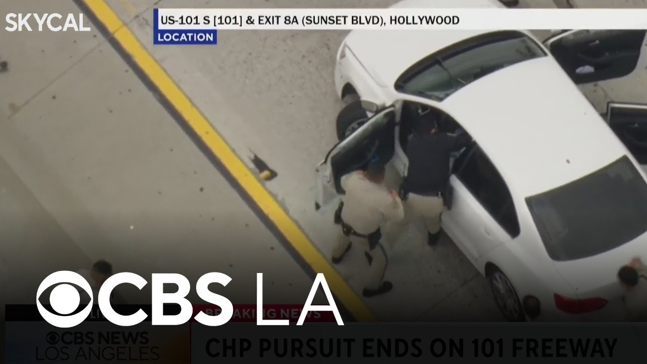 Pursuit ends on 101 Freeway in Hollywood, man barricades himself inside vehicle