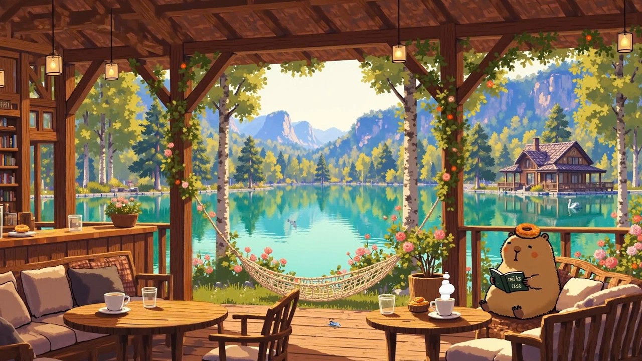 Cozy Porch Ambience ☕ Peaceful Morning Cafe at Lakeside 🌿 Lofi Deep Focus to study/work/relax