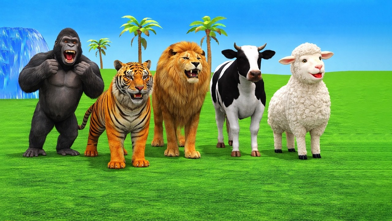 Long Slide Game With Elephant Gorilla Buffalo Hippopotamus Tiger - 3d Animal Game - Funny 3d Animals