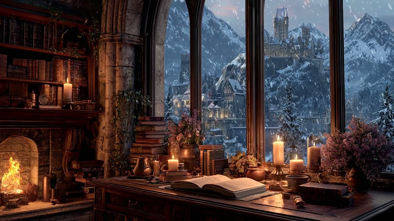 Warm Winter Night Cozy Study Room Fireplace | Calm Ambience Sounds for Focus and Relaxation