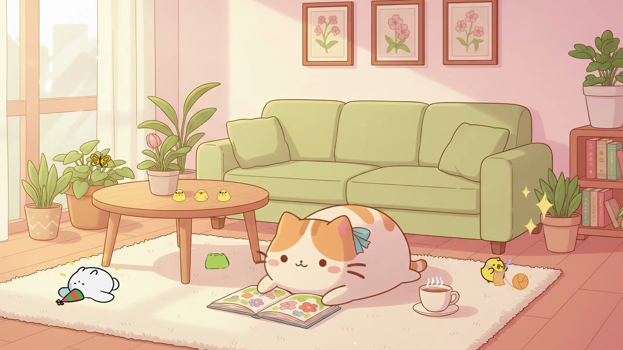 Pusheen’s Night Cozy Home 📚 Calm Lofi for Relax ☕ Soft Lofi Music for Focus & Study