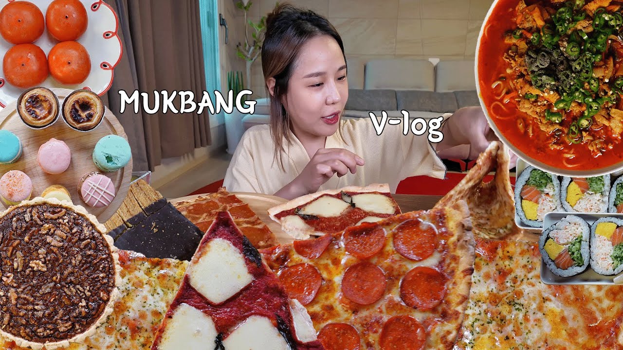 하루종일 아무생각 없이 막 먹으면 몇 kg 찔까? 페퍼로니 피자 치즈피자 뚱카롱 에크타르트 과일 하이볼 호두파이 일상 먹방 브이로그 daily v-log mukbang