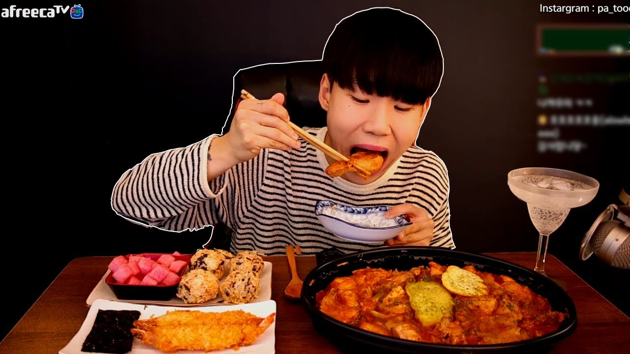 로제찜닭에 넓적당면 추가해서 왕새우튀김 주먹밥 먹방 MukBang Eating Show