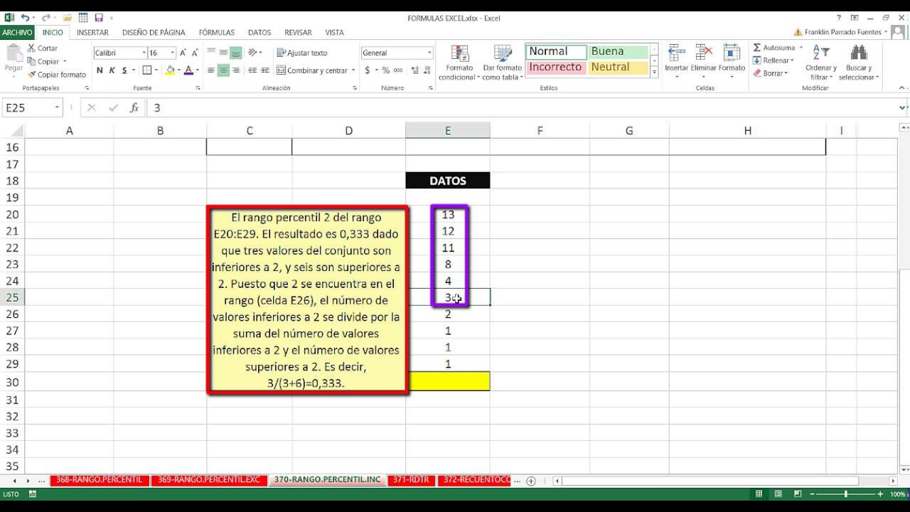 Función RANGO.PERCENTIL.INC Excel 2013: 370 de 448 HD