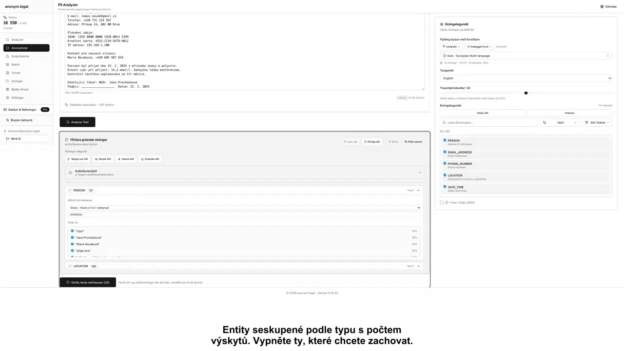 Jak anonymizovat osobní údaje v textech, souborech a dokumentech — 285+ typů | anonym.legal Demo