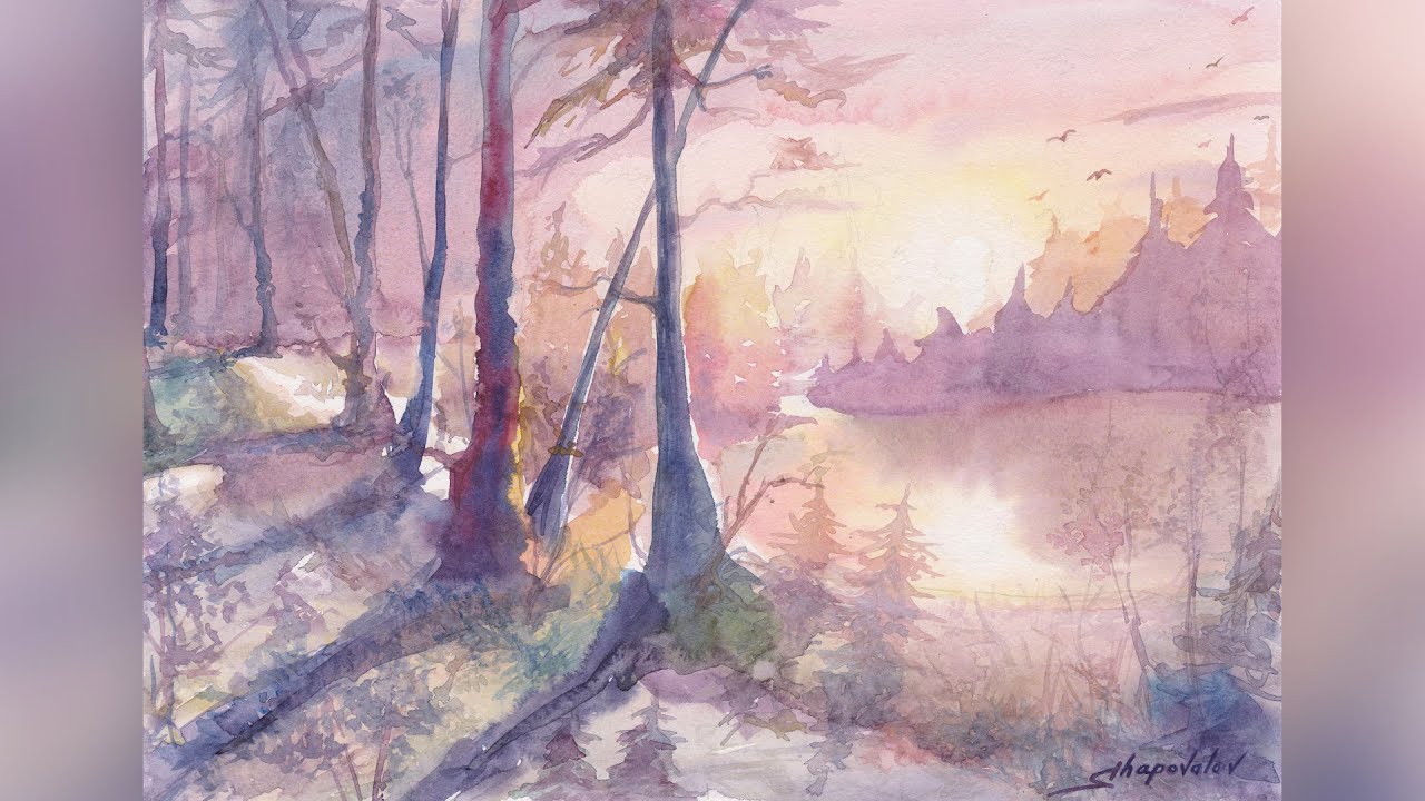 Speed Drawing Watercolor Landscape Time Lapse - Aquarelle Forest Landscape - Акварель Мастер Класс
