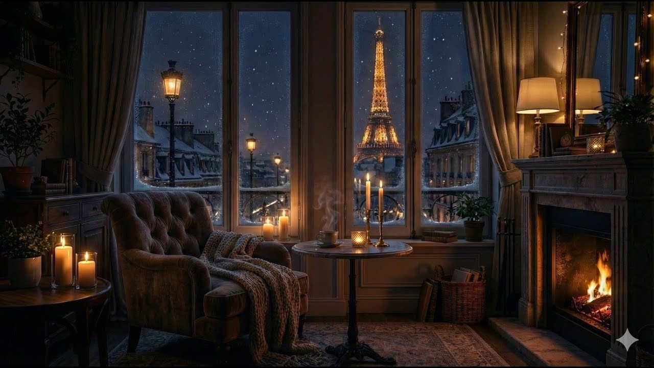 (No Ads) 4K Snowy Paris Night Ambience ❄️ Crackling Fire, Falling Snow & Candlelight | Sleep &bull; Study