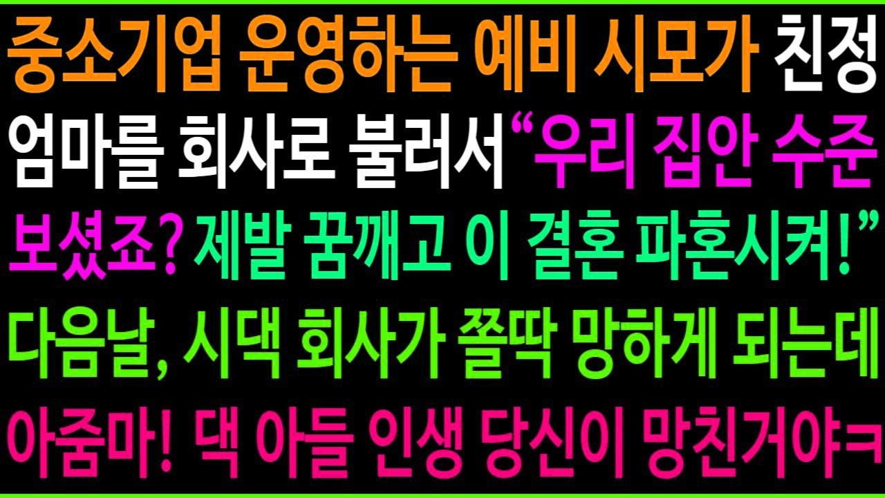 중소기업 운영하는 예비시모가 친정엄마를 회사로 불러서  우리 집안 수준 보셨죠  제발 이 결혼 파혼 시켜! 다음날 회사가 쫄딱 망하게된 이유ㅋ 아줌마 아들 인생, 당신이 망친거야!