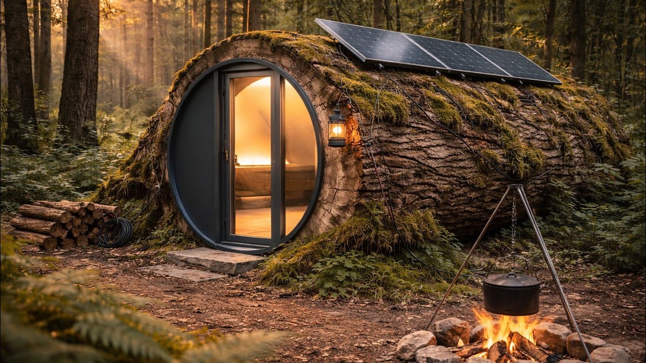 Turned a Giant Tree Log Into a Cozy Off-Grid Modern Cabin | Relaxing Silent Build ASMR