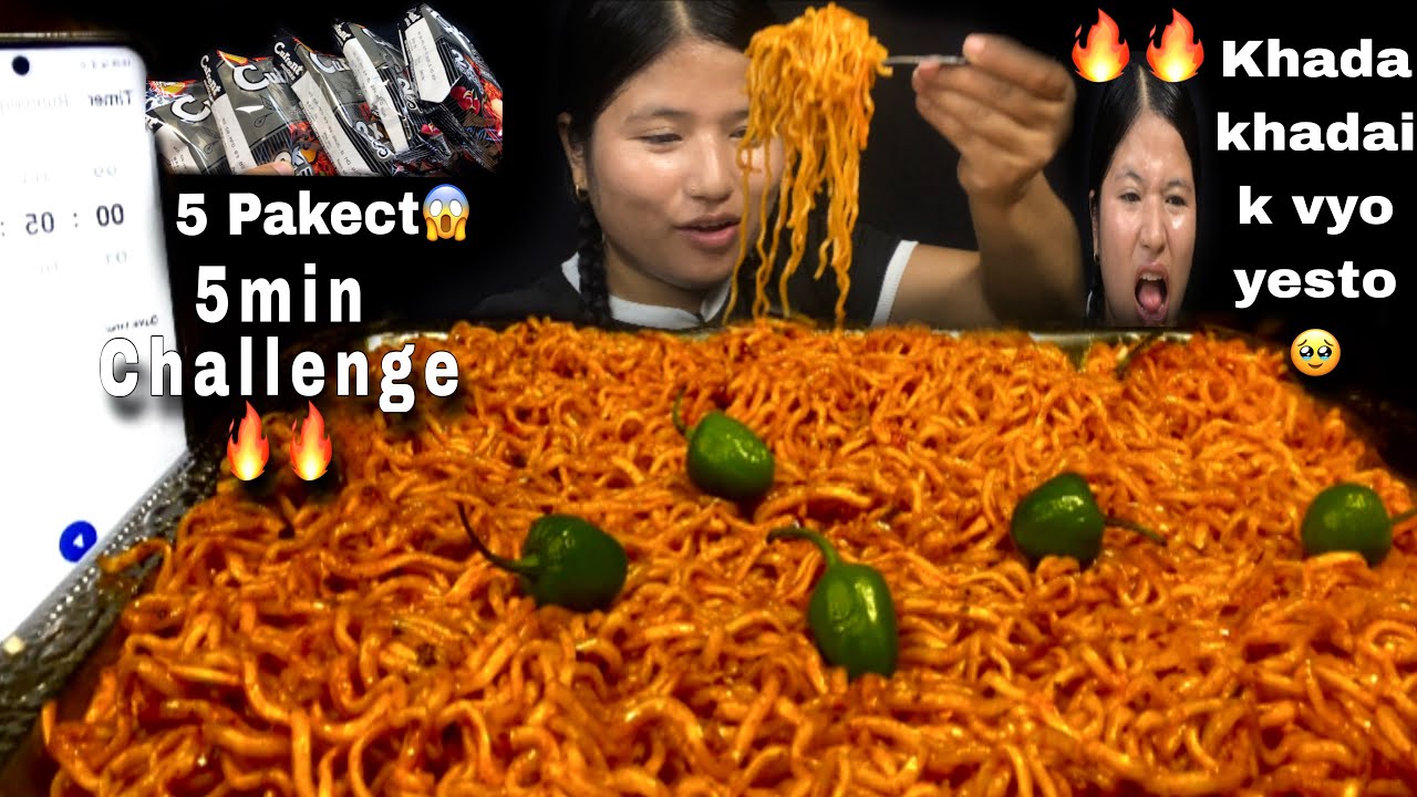 ASMR SPICY 5 PACKET 2X CURRENT NOODLES CHALLENGE IN 5MIN🔥🥵TARA KHADA KHADAI NASOCHEKO VYO🥹🥲🥲🥲