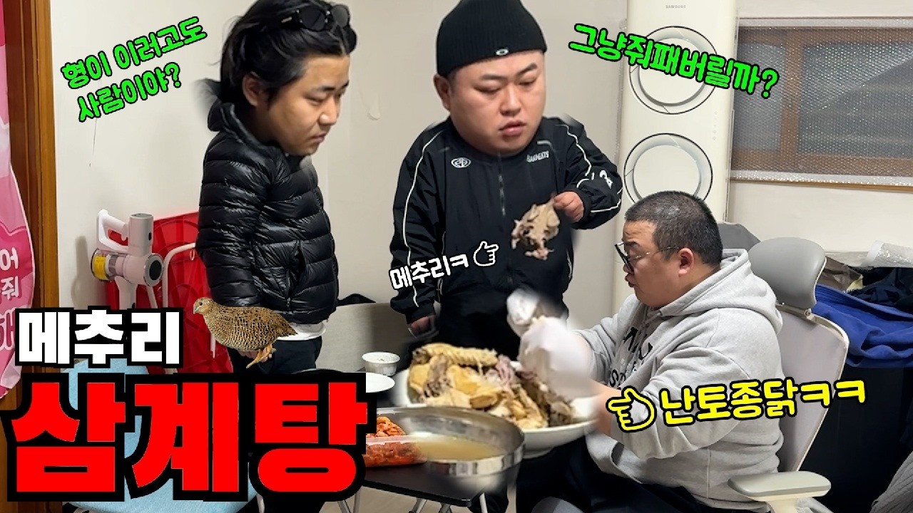 애들은 메추리로 만든 삼계탕~난 통통한 토종닭ㅋㅋㅋㅋ