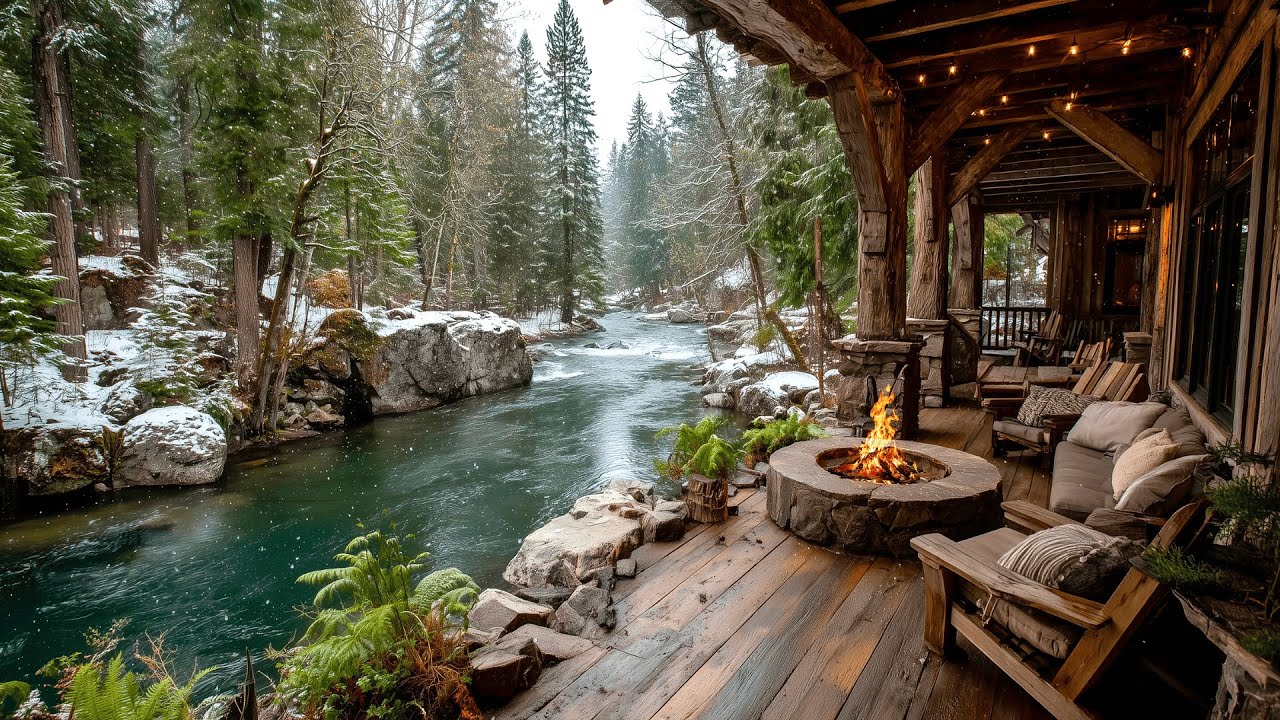 Winter Forest Retreat by the River Porch| Campfire & Nature Sounds Ambience