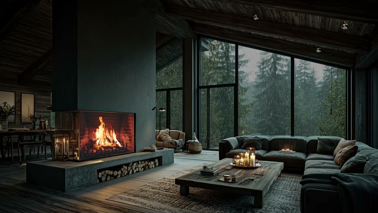 Soothing Rain on Window Warm Fireplace Crackling Perfect for Peaceful Sleep