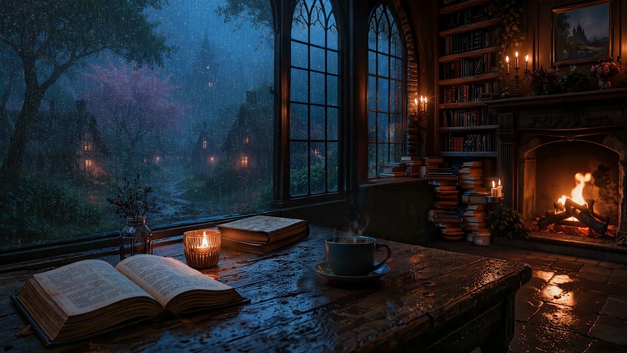 Gothic Reading Nook overlooking Rainy Cottage Village | Dark Academia Fireplace Ambience for Relax