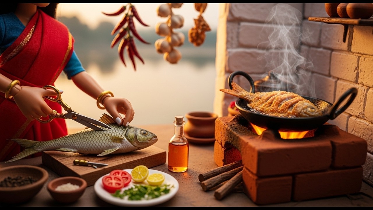 Miniature Village Fish Fry ASMR | Tiny Indian River Cooking with Cute Animals