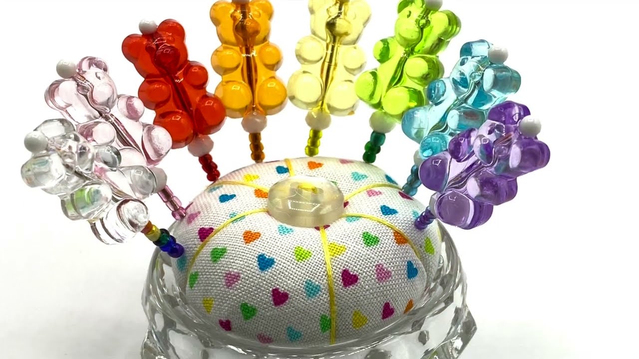 Salt Cellar Pincushion with Rainbow Heart Fabric and Rainbow Gummy Bear Pins