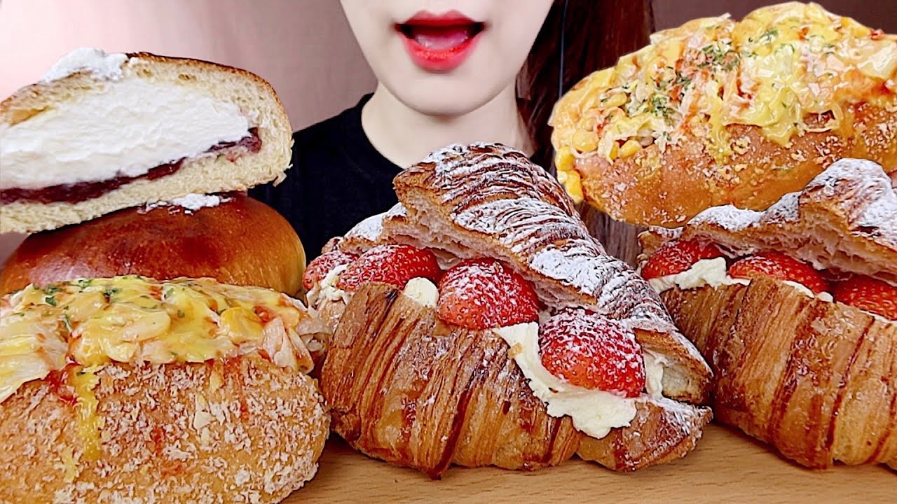 ASMR STRAWBERRY CREAM CROISSANT, CREAM BREADS MUKBANG 딸기 크림크로와상, 크림단팥빵, 소세지 고로케 먹방 eating sounds