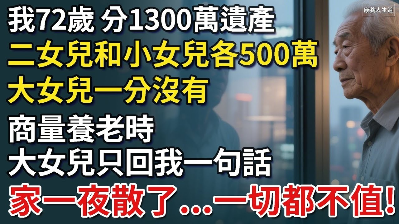 ​我72歲，分1300萬遺產，二女兒和小女兒各500萬，大女兒一分沒有，商量養老時，大女兒只回我一句話，讓這個家徹底散了！【康養人生道】 #康養人生道 #上了年紀該明白的事 #養老 #聰明老人