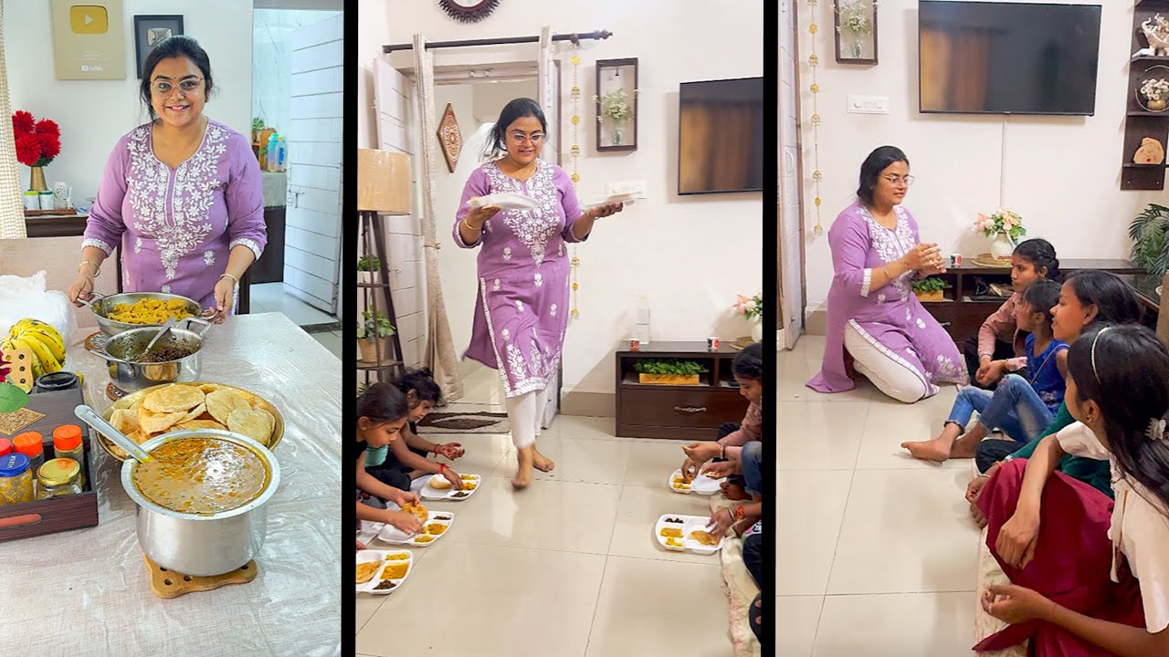 Navratri ke akhri din ghar par bachon ko khana khilaya, bhandare wali aloo ki sabji, suji ka halwa