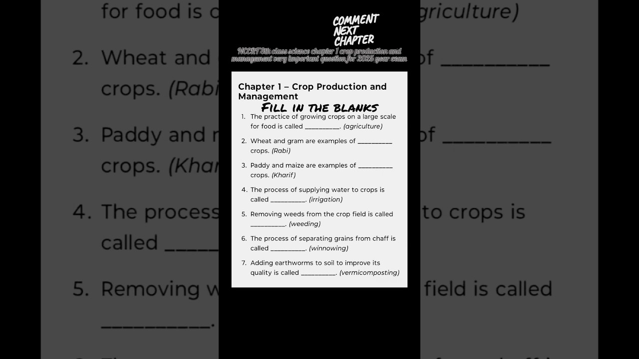 Class 8 Science | 99% question expected Crop Production & Management Important Questions  exam  2025