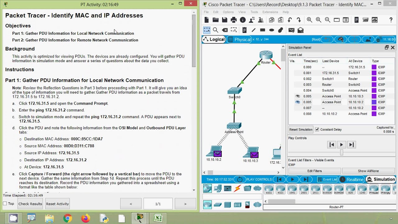 9.1.3 Packet Tracer — определение MAC- и IP-адресов