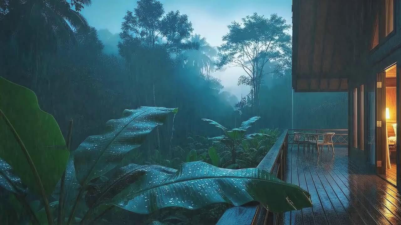 Fall Asleep Fast with Soft Rain Sounds and Soft Thunder at Forest Cabin Terrace 🌧️