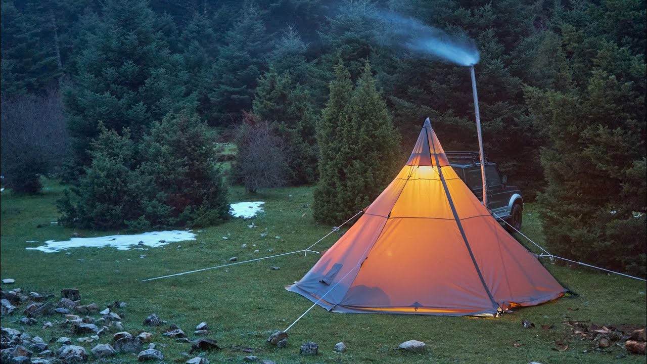 Hot Tent Camping in Rain and Wind