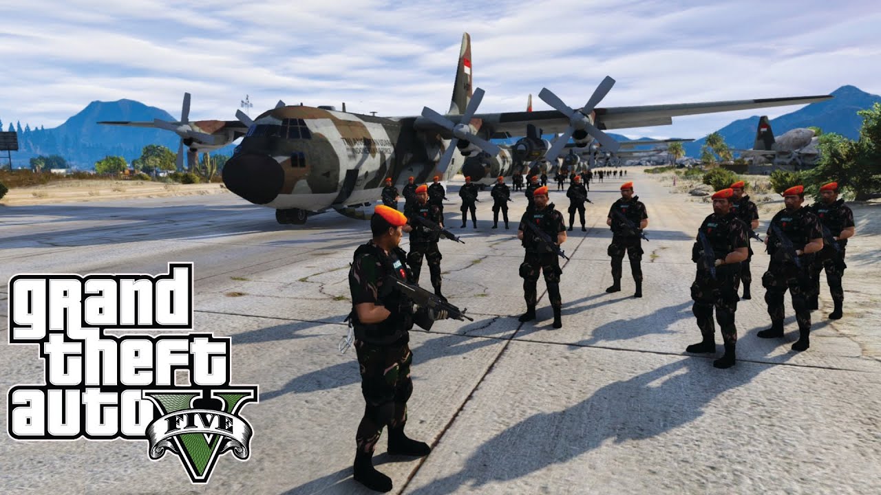 Aksi Pasukan Kopasgat Terjun Payung Dari Pesawat Hercules || GTA 5 Mod Polisi Indonesia