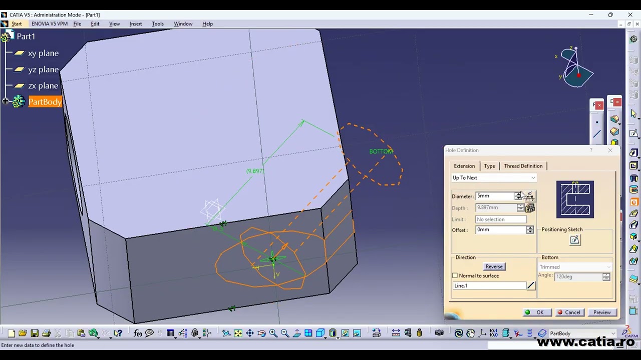 CATIA v5 How to create holes placed on sloped and curved surfaces