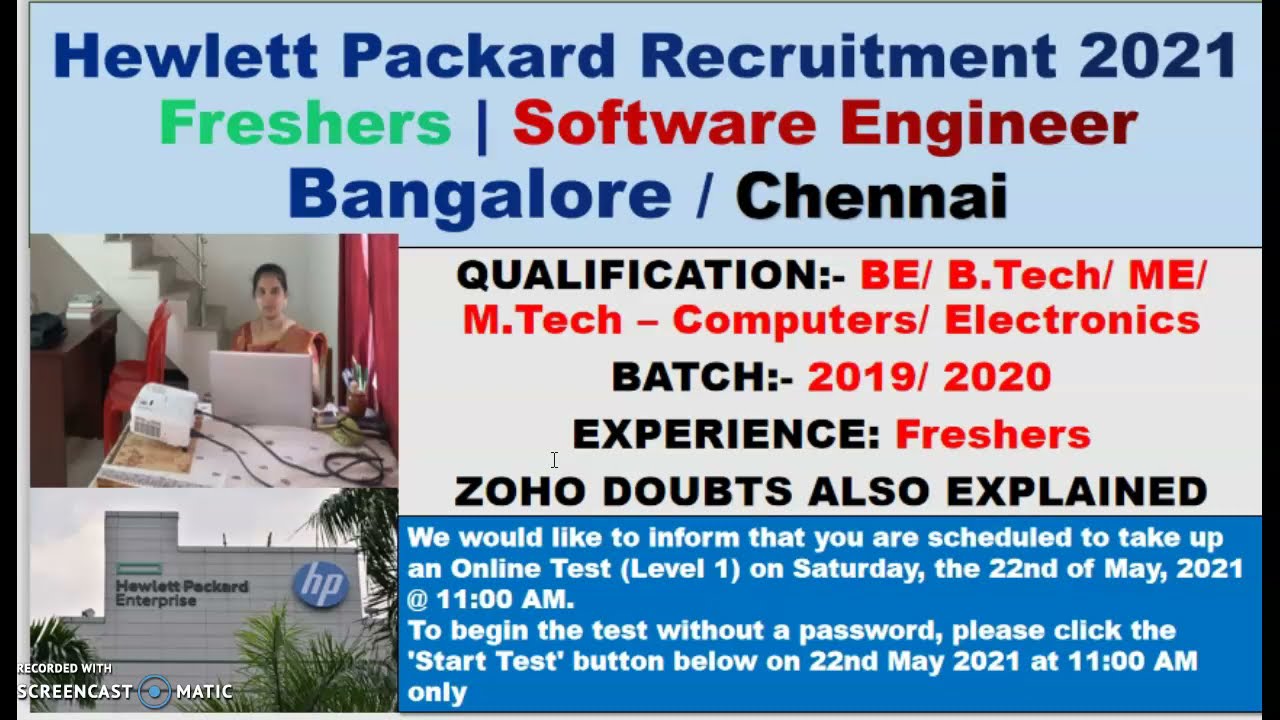 Hewlett Packard Recruitment 2021 | Freshers | Software Engineer  Bangalore / Chennai | 2019/ 2020