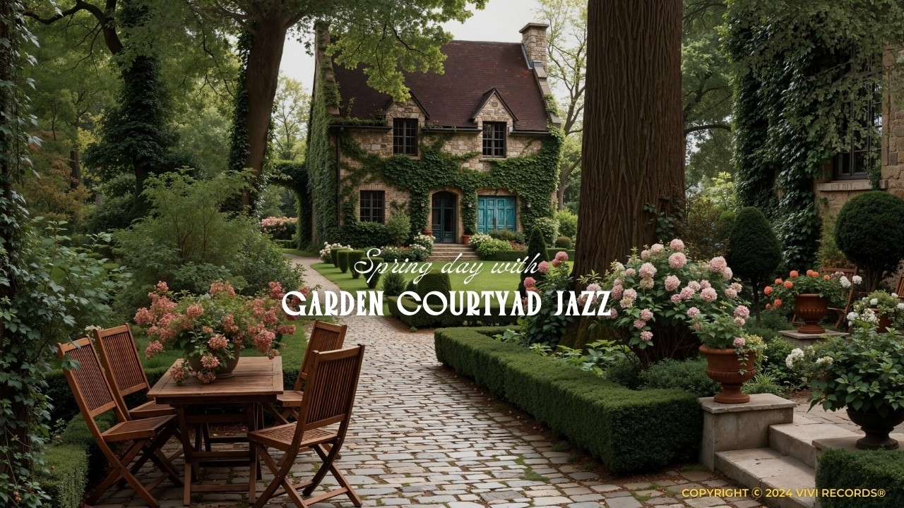 Peaceful Garden Courtyard Ambience | Outdoor Spring Jazz Atmosphere for Mood Booster, Study