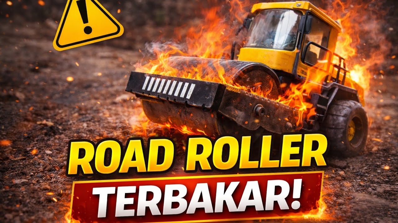 Drama Alat Berat! Road Roller Terbakar, Nyemplung ke Air 😱 