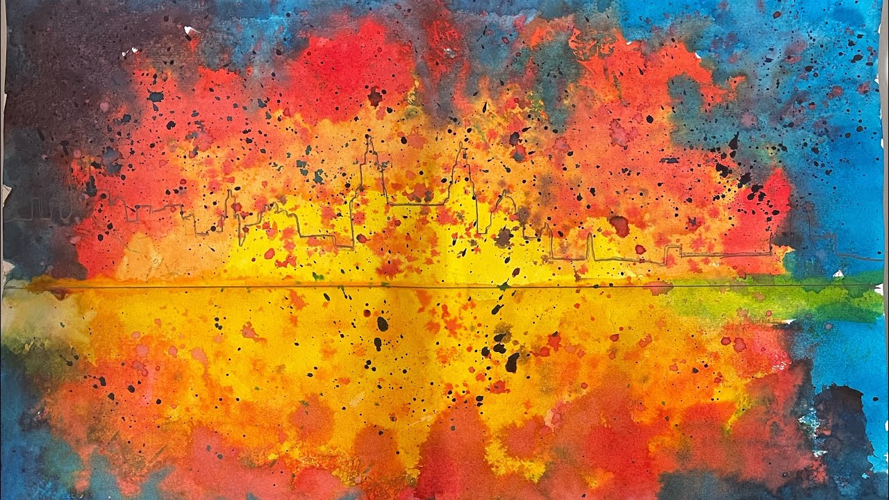 Create a textured background using drawing inks and trace a cityscape