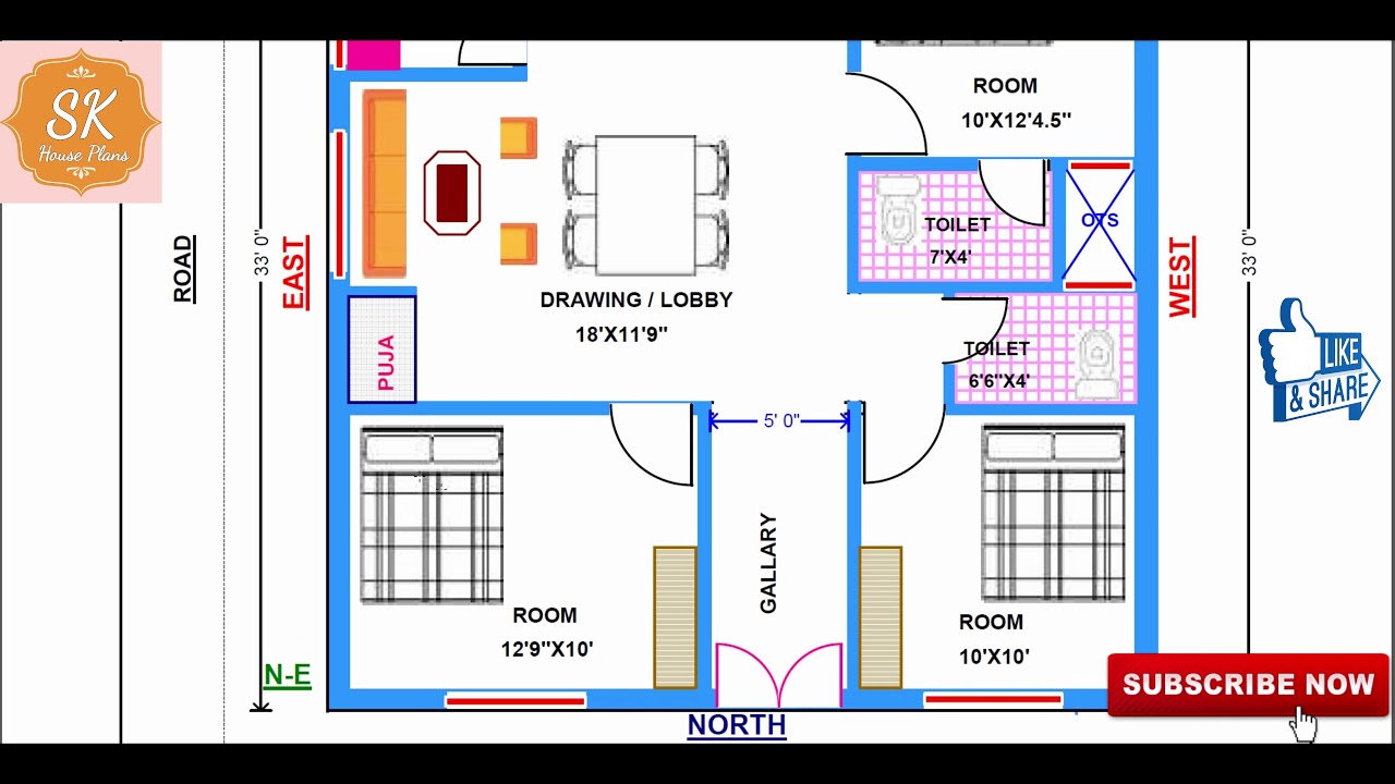 VASTU NORTH FACING HOUSE PLAN 30' X 33' / 990 SQ.FT / 110 SQ.YDS / 92 SQ.M / 110 GAJ / (4K)