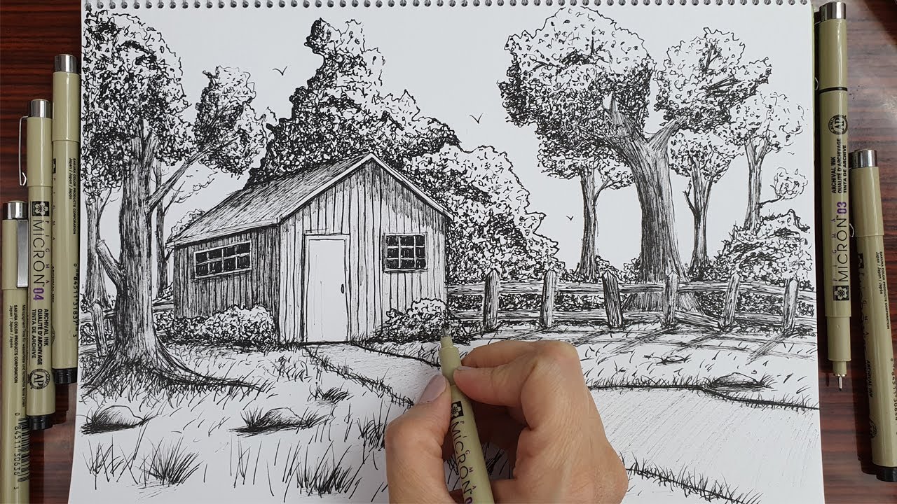 How to Draw A Old house Scenery | Pen & Ink Drawing #3