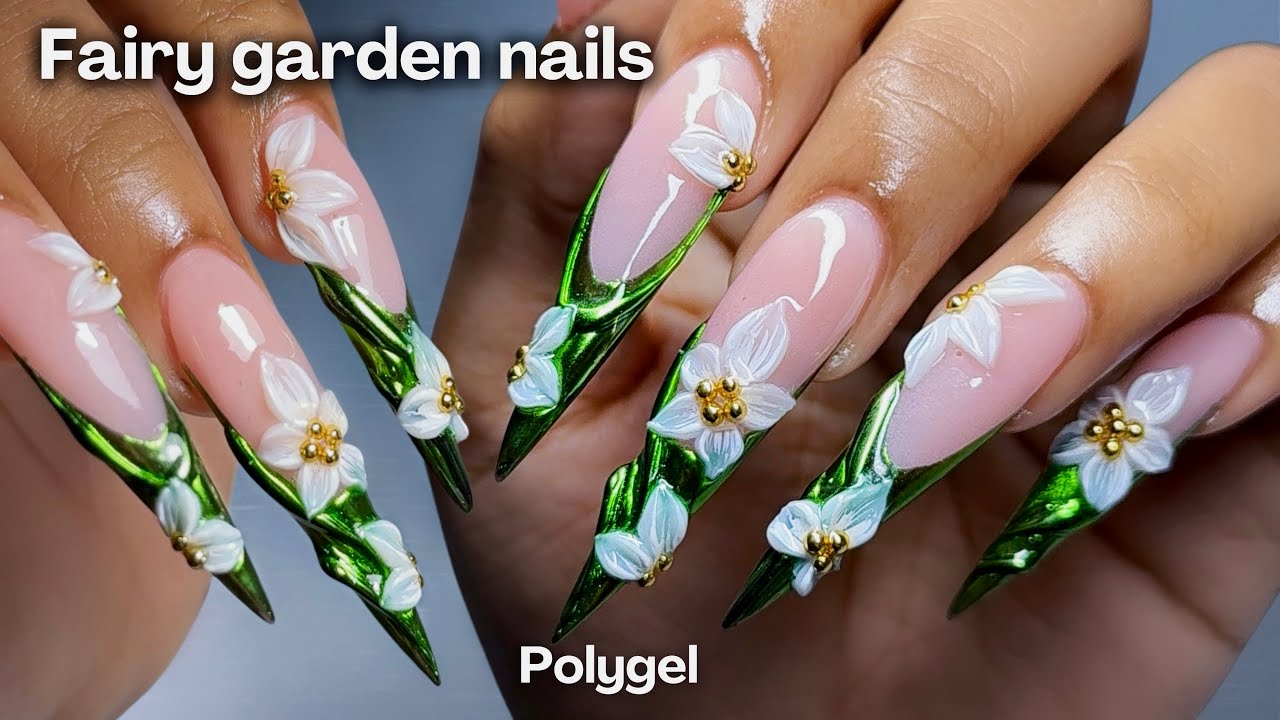 Fairy Garden Nails 🌱✨ polygel nail extensions at home + long stiletto nails ⋆˚࿔ Summer nails