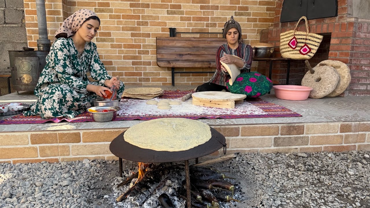 Baking Traditional Saj Bread & Smoked Eggplant (Mirza Ghasemi) | Village Cooking